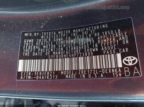 5YFBURHE4HP723899 2017 TOYOTA COROLLA Серый Вид подкапотного пространства