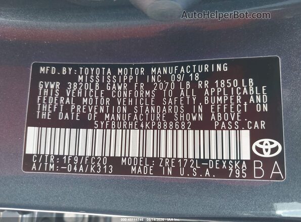5YFBURHE4KP888682 2019 TOYOTA COROLLA Серый Вид подкапотного пространства