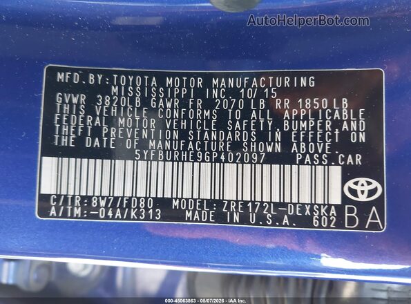 5YFBURHE9GP402097 2016 TOYOTA LL Синий Вид подкапотного пространства