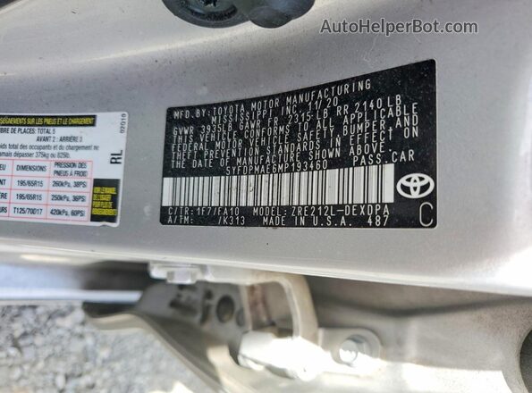 5YFDPMAE6MP193460 2021 TOYOTA COROLLA Silver VIN sticker view