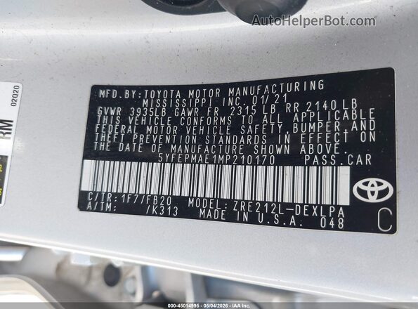 5YFEPMAE1MP210170 2021 TOYOTA LL Серебряный Вид подкапотного пространства