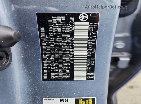 5YFEPMAE2NP303359 2022 TOYOTA LL Blue Widok naklejki z numerem VIN