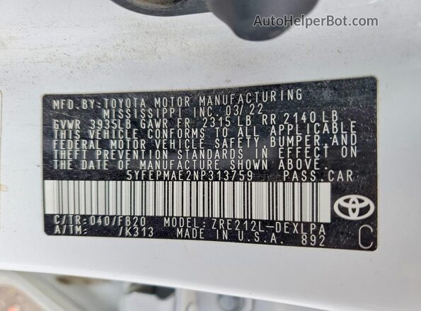 5YFEPMAE2NP313759 2022 TOYOTA COROLLA White Widok komory silnika