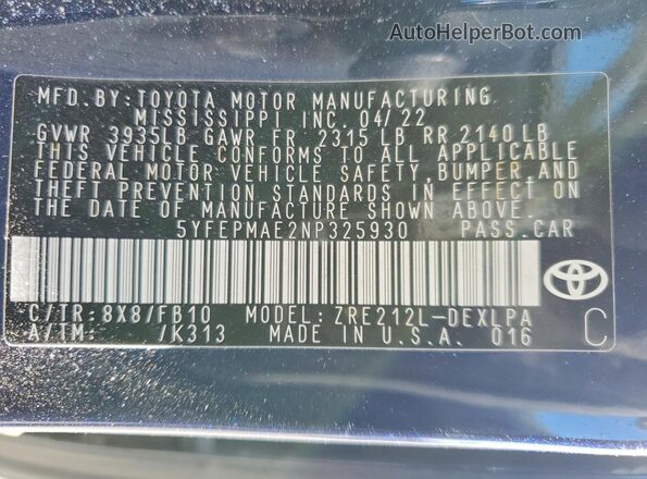 5YFEPMAE2NP325930 2022 TOYOTA COROLLA Blue Вид підкапотного простору