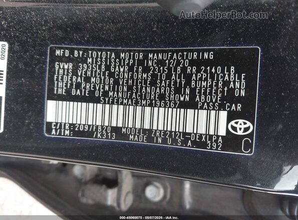 5YFEPMAE3MP196367 2021 TOYOTA LL Black Widok komory silnika