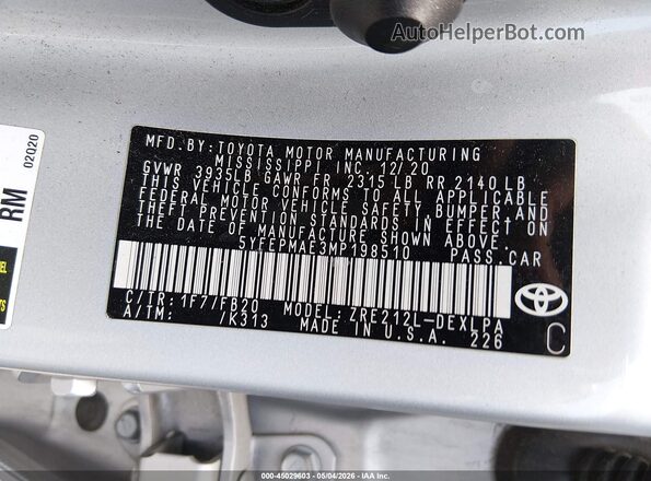 5YFEPMAE3MP198510 2021 TOYOTA LL Silver ძრავის განყოფილების ხედი