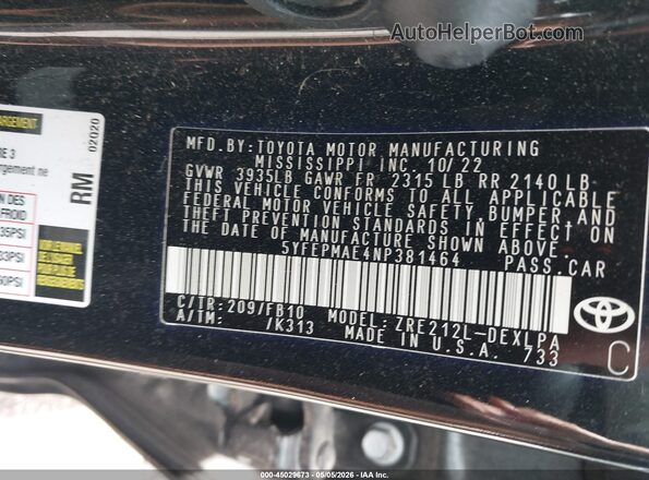 5YFEPMAE4NP381464 2022 TOYOTA LL Black Engine compartment view