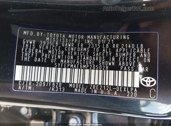 5YFEPMAE6MP205028 2021 TOYOTA LL Черный Вид подкапотного пространства