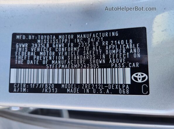 5YFEPMAE6MP242905 2021 TOYOTA COROLLA Silver Engine compartment view