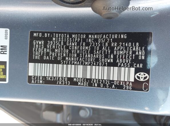 5YFEPMAE7MP247871 2021 TOYOTA COROLLA Серый Вид подкапотного пространства
