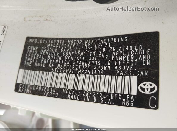 5YFEPMAE7MP251404 2021 TOYOTA LL White Vista del compartimento del motor