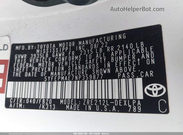 5YFEPMAE7NP359877 2022 TOYOTA LL Белый Вид подкапотного пространства