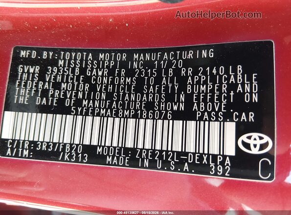 5YFEPMAE8MP186076 2021 TOYOTA COROLLA Red Вид підкапотного простору