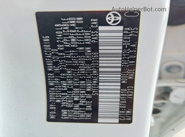 5YFEPMAE8MP203166 2021 TOYOTA COROLLA White Widok naklejki z numerem VIN