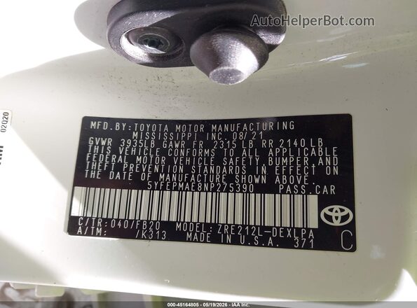 5YFEPMAE8NP275390 2022 TOYOTA COROLLA White Vista del compartimento del motor