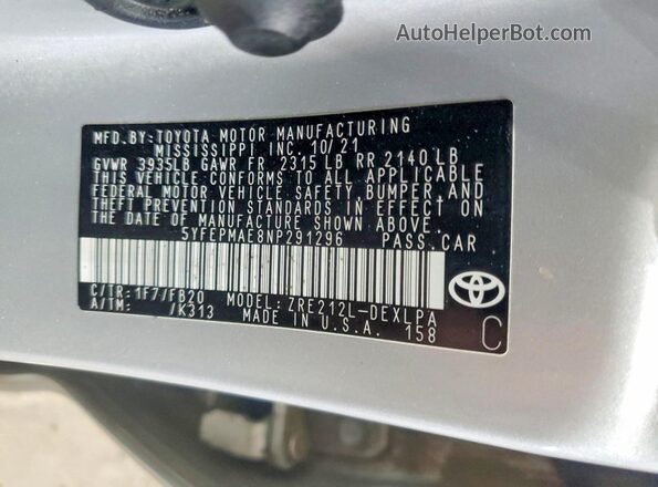 5YFEPMAE8NP291296 2022 TOYOTA COROLLA Серебряный Вид наклейки с VIN-кодом