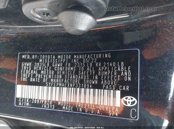 5YFEPMAEXNP331894 2022 TOYOTA LL Черный Вид подкапотного пространства