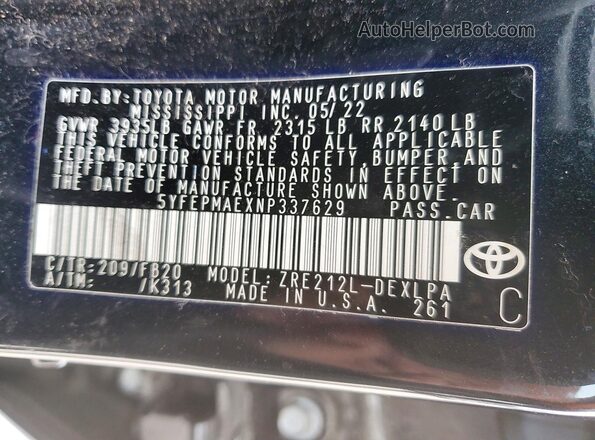 5YFEPMAEXNP337629 2022 TOYOTA COROLLA Black Vista de la etiqueta del VIN