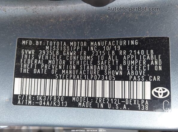5YFEPRAE1LP073405 2020 TOYOTA COROLLA Blue Вид підкапотного простору