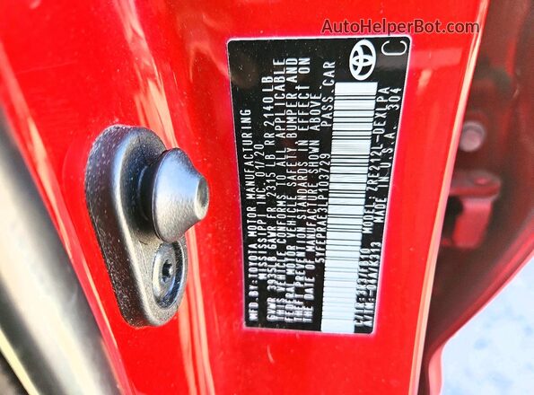 5YFEPRAE3LP103729 2020 TOYOTA COROLLA Red ძრავის განყოფილების ხედი