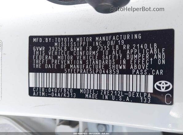 5YFEPRAE5LP044859 2020 TOYOTA LL White Вид підкапотного простору
