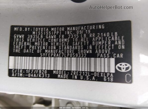 5YFEPRAE7LP059332 2020 TOYOTA COROLLA Silver Widok komory silnika