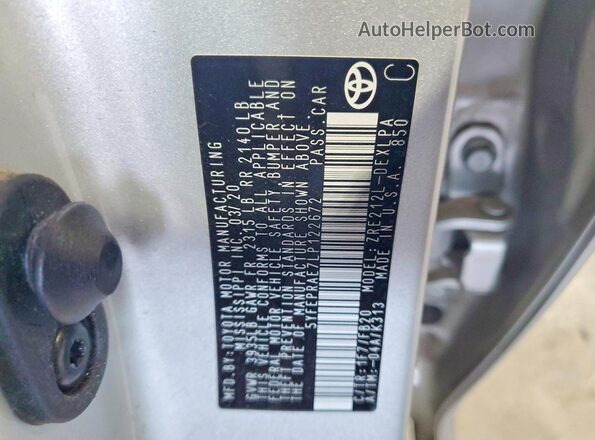 5YFEPRAE7LP122672 2020 TOYOTA COROLLA Silver Widok naklejki z numerem VIN