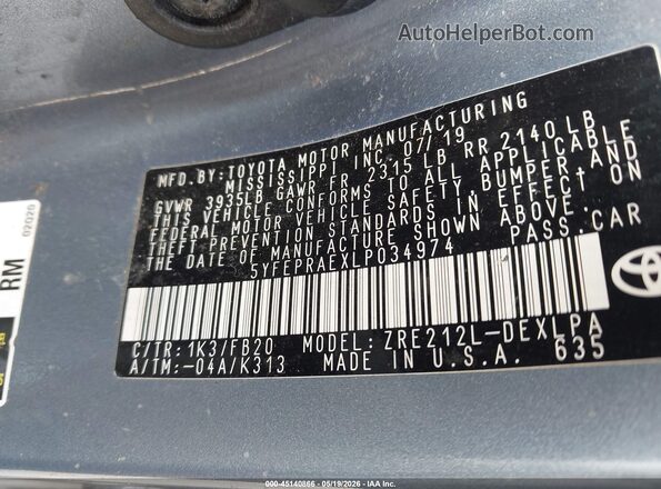 5YFEPRAEXLP034974 2020 TOYOTA COROLLA Blue Շարժիչի բաժամունքի տեսք