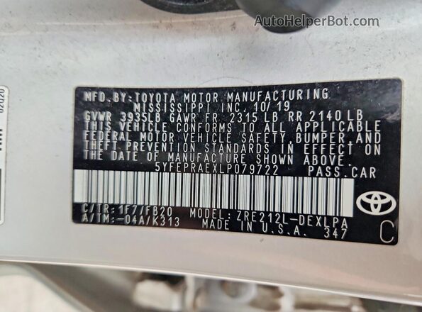 5YFEPRAEXLP079722 2020 TOYOTA COROLLA Silver Vista del compartimento del motor
