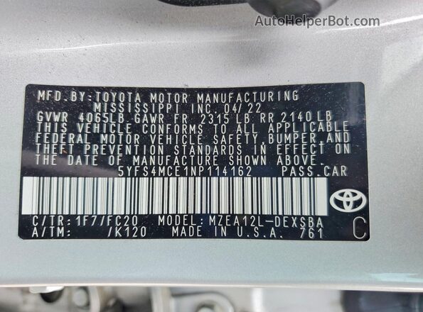 5YFS4MCE1NP114162 2022 TOYOTA COROLLA Silver Engine compartment view