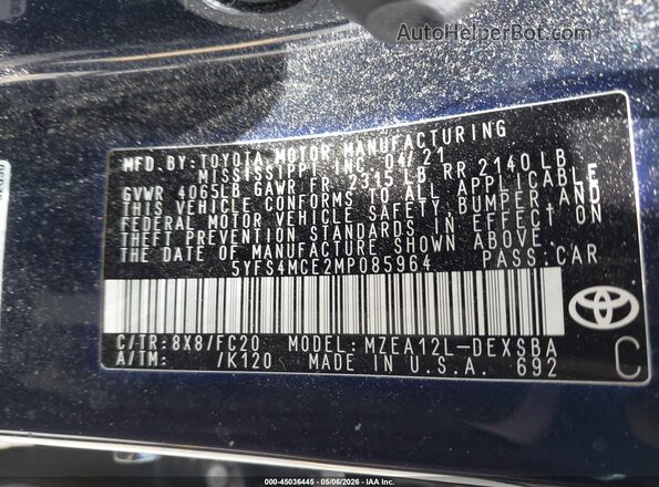 5YFS4MCE2MP085964 2021 TOYOTA LL Синий Вид подкапотного пространства