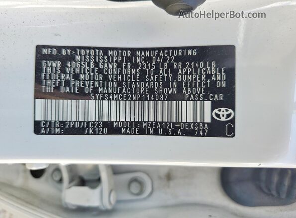 5YFS4MCE2NP114087 2022 TOYOTA COROLLA Белый Вид подкапотного пространства
