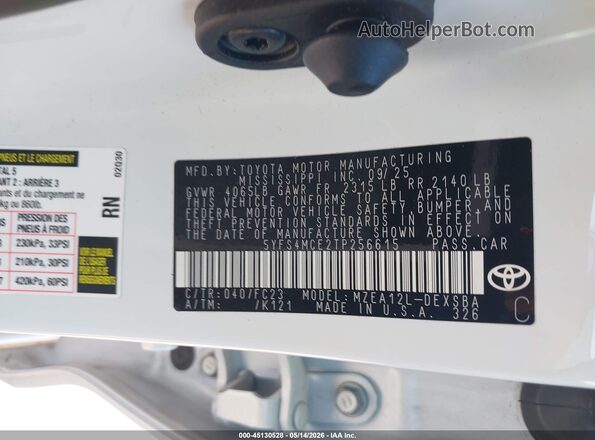 5YFS4MCE2TP256615 2026 TOYOTA COROLLA White Вид підкапотного простору