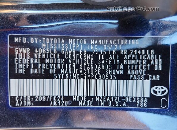 5YFS4MCE4MP090535 2021 TOYOTA LL Черный Вид подкапотного пространства