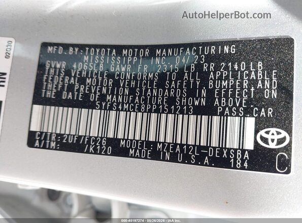 5YFS4MCE8PP151213 2023 TOYOTA COROLLA Silver Շարժիչի բաժամունքի տեսք