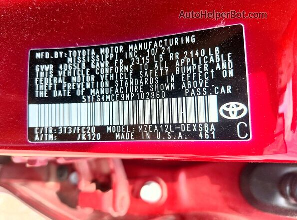 5YFS4MCE9NP102860 2022 TOYOTA COROLLA Red Вид підкапотного простору