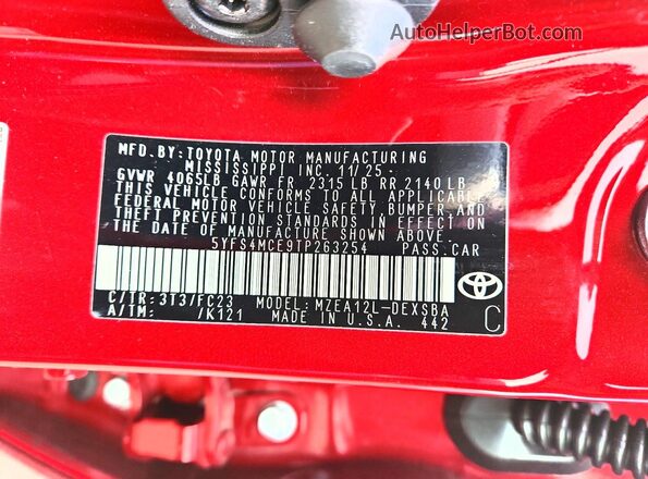 5YFS4MCE9TP263254 2026 TOYOTA COROLLA Burgundy Вид наклейки з VIN-кодом