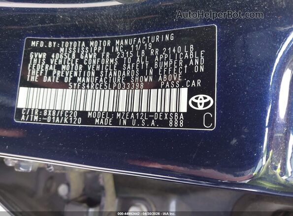 5YFS4RCE5LP033398 2020 TOYOTA LL Dark Blue Vista del compartimento del motor