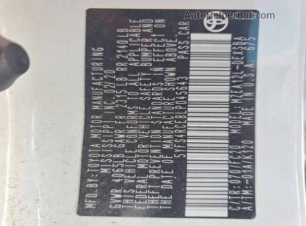 5YFS4RCE8LP045643 2020 TOYOTA LL Белый Вид подкапотного пространства