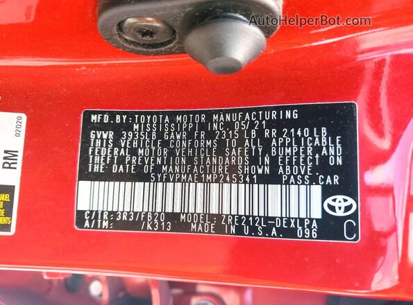 5YFVPMAE1MP245341 2021 TOYOTA COROLLA Red Вид підкапотного простору