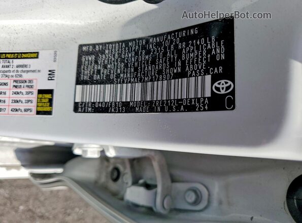 5YFVPMAE7MP178907 2021 TOYOTA COROLLA White Widok naklejki z numerem VIN