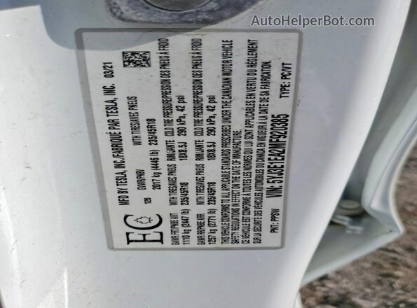 5YJ3E1EA2MF920385 2021 TESLA MODEL Белый Вид наклейки с VIN-кодом