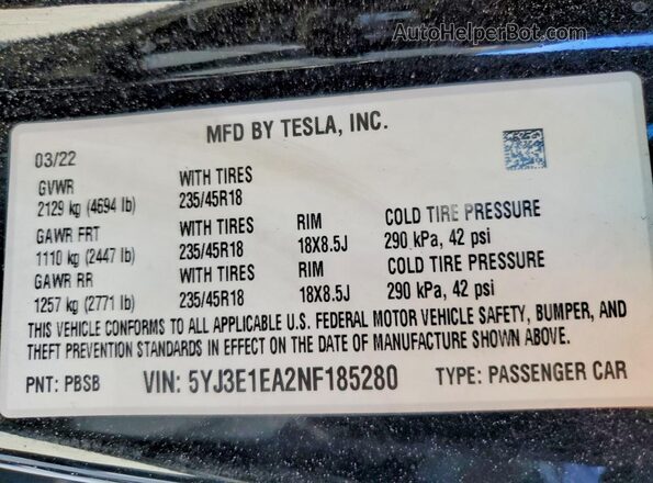 5YJ3E1EA2NF185280 2022 TESLA MODEL Угольный Вид наклейки с VIN-кодом
