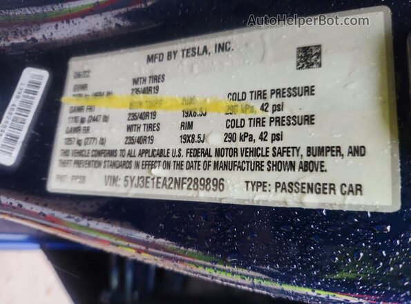 5YJ3E1EA2NF289896 2022 TESLA MODEL Синий Вид подкапотного пространства