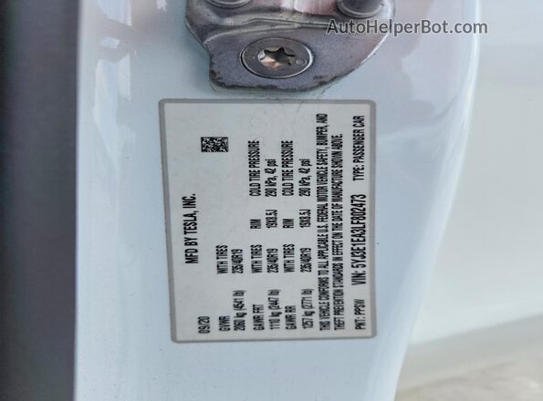 5YJ3E1EA3LF802473 2020 TESLA MODEL Белый Вид наклейки с VIN-кодом