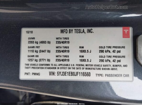 5YJ3E1EB0JF116560 2018 TESLA MODEL 3 Синий Вид подкапотного пространства