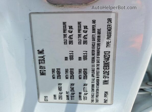 5YJ3E1EB0KF442313 2019 TESLA MODEL Белый Вид подкапотного пространства