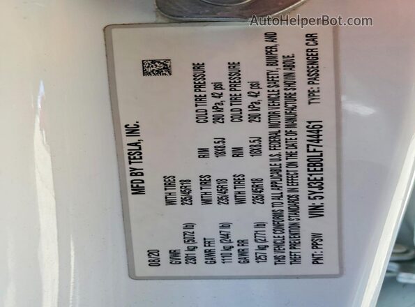 5YJ3E1EB0LF744461 2020 TESLA MODEL Белый Вид подкапотного пространства