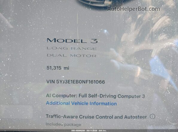 5YJ3E1EB0NF161066 2022 TESLA MODEL 3 White 