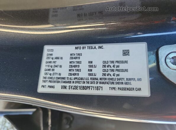 5YJ3E1EB0PF711871 2023 TESLA MODEL Charcoal Вид наклейки з VIN-кодом